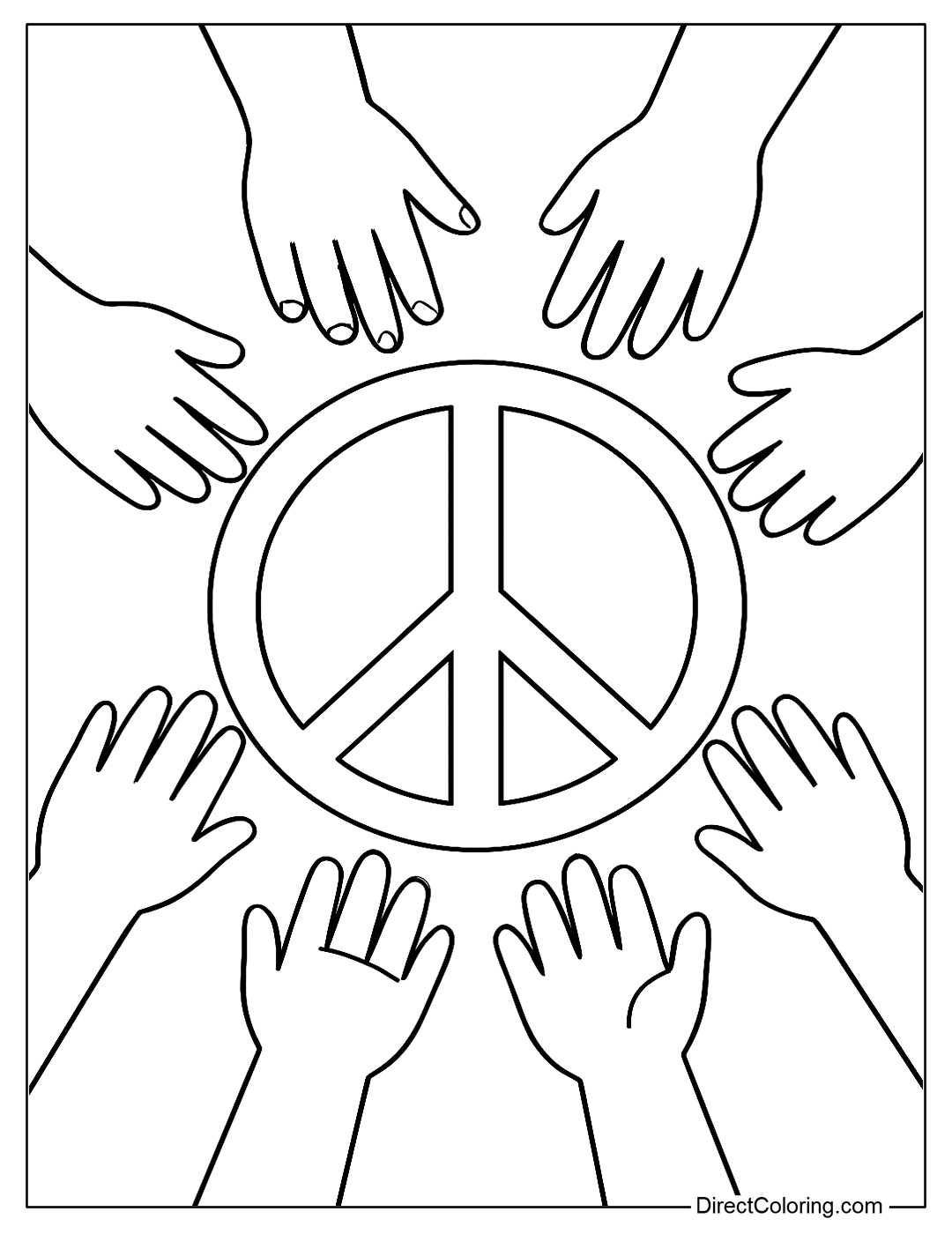 Coloring page of children's hands of different skin tones arranged around a peace symbol in the middle.